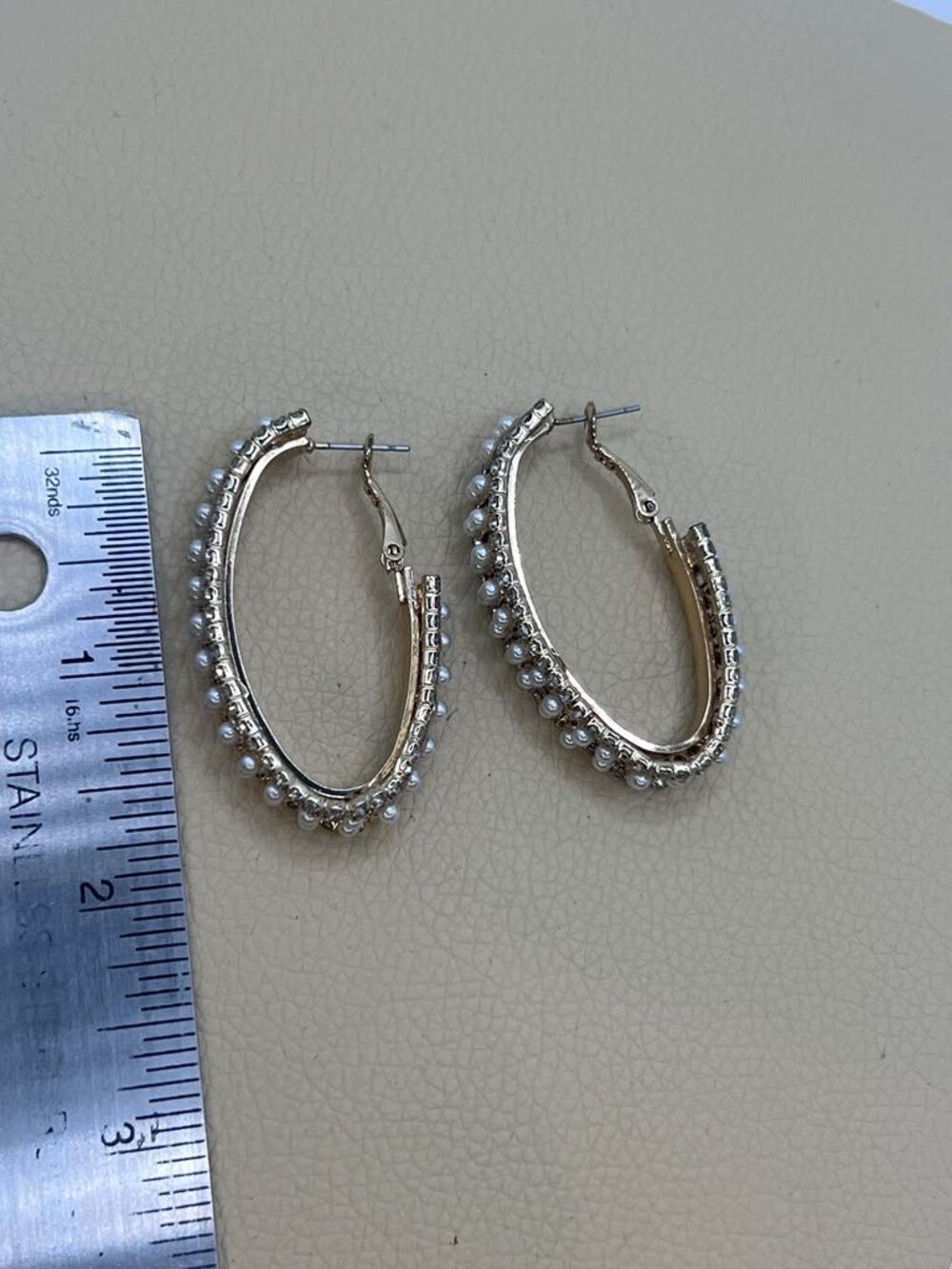 Older Gold-Tone Faux Pearl & Crystal Oval Hoop Earrings